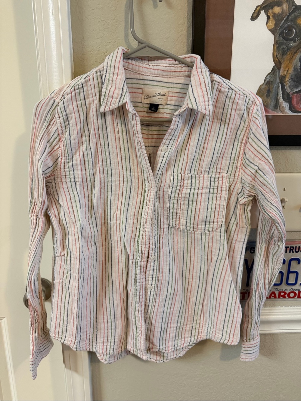 Universal Thread Cream Button-Up Shirt with Multicolor Pastel Stripes